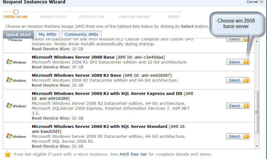 select windows 2008 server base
